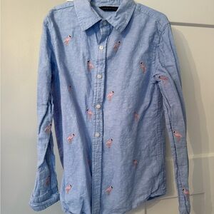 Janie and Jack Chambray Pink Flamingo Embroidered Button Down
